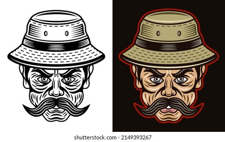 Fisherman in bucket hat with mustache vector character illustration in two styles black on white and colorful on dark background