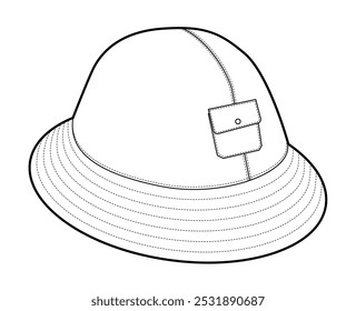 Fisherman Bucket Hat with pocket. Summer Head Fashion accessory cap clothing technical illustration. Vector headgear for Men, women, unisex style, flat template CAD mockup sketch outline isolated