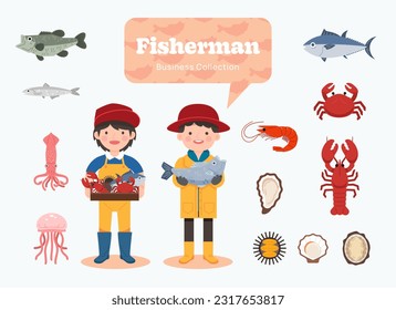 fisherman business job. Isolated worker people and seafood elements, Flat design vector illustration