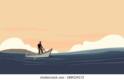 FISHERMAN IN CALM SEA AT SUNSET
