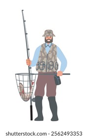 Fisherman in a camo vest holding a fishing rod and a net with fish. Outdoor activity, fishing hobby, and nature adventure concept. Flat cartoon vector illustration isolated on white background