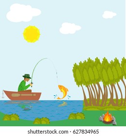 Fisherman. Camping, fishing on the lake. Flat design, vector illustration, vector.