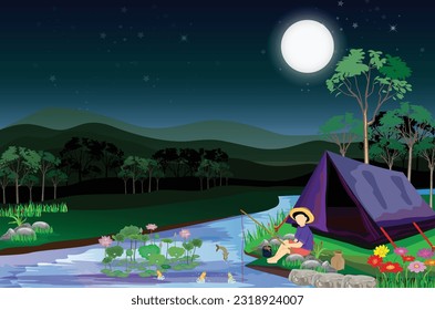 fisherman with camping use tents in forest vector design