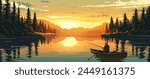 A fisherman in a canoe on a tranquil lake at sunset, surrounded by pine forest, Vector illustration, serene nature backdrop, concept of solitude and peace. Vector illustration