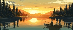 A Fisherman In A Canoe On A Tranquil Lake At Sunset, Surrounded By Pine Forest, Vector Illustration, Serene Nature Backdrop, Concept Of Solitude And Peace. Vector Illustration