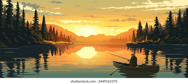 A fisherman in a canoe on a tranquil lake at sunset, surrounded by pine forest, Vector illustration, serene nature backdrop, concept of solitude and peace. Vector illustration