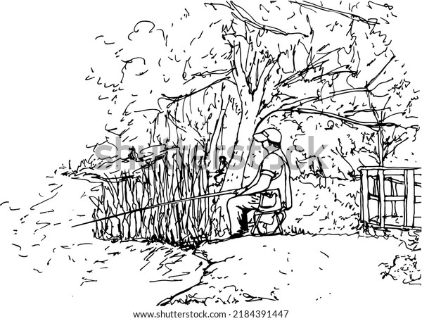 iThyx иконка для рисунка: Рыбак в кепке ловит рыбу удочкой летом, сидя на стуле, в городском пруду под деревьями, вид сбоку. Линейный, Векторный рисунок. Рисунок @iThyx. Автор рисунка художник #iThyx