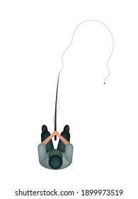 A fisherman in a cap holds a fishing rod. View from above. Isolated. Vector.