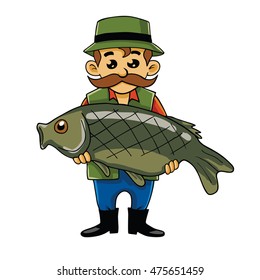 Fisherman Carrying Big Fish Cartoon Vector Illustration