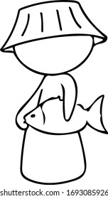 Fisherman carrying a fish. Doodle vector.