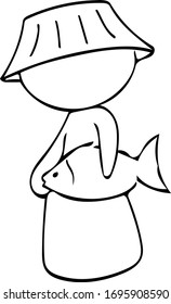 Pescador cargando pescado. Vector de Doodle.