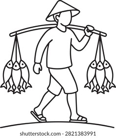 Fisherman carrying fish on shoulder, man with conical hat, carrying load, fishing profession, daily life, vector illustration.