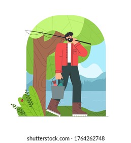Fisherman cartoon character with beard finished fishing, holding a bucket of fish. Beautiful forests, lake and mountain. Flat style vector illustration.