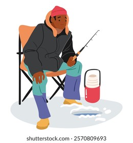 Fisherman cartoon character in warm outerwear sitting with rod spinning front of frozen lake hole enjoying winter fishing waiting for fish prey vector illustration. Seasonal hobby activity on weekend