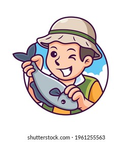 Fisherman Cartoon with Cute Pose. Vector Icon Illustration, Isolated Premium Vector