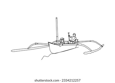 Fisherman. Cartoon people fishing. Fisherman back to home after catch fish with her boat. Vector leisure pastime. Fisherman minimalist concept.