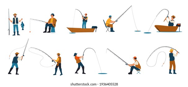 Fisherman. Cartoon people fishing. Characters catching fish with rods while standing on shore of lake and sitting on folding chairs or from boats. Males hobby. Vector leisure pastime