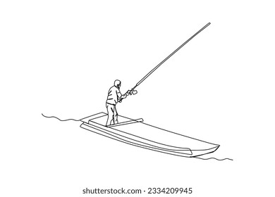Fisherman. Cartoon people fishing. Characters catching fish with rods while standing on shore of lake and sitting on folding chairs or from boats. Males hobby. Vector leisure pastime
