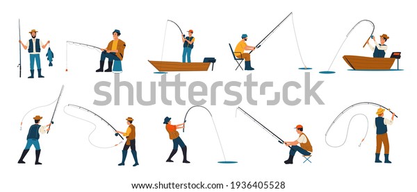 Fisherman.\
Cartoon people fishing. Characters catching fish with rods while\
standing on shore of lake and sitting on folding chairs or from\
boats. Males hobby. Vector leisure\
pastime
