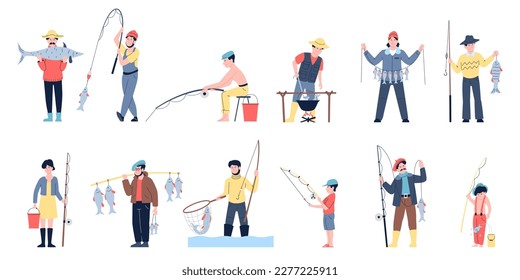 Fisherman cartoon set, action with rod and holding fish. Fishermen lake relax, summer outdoor hobby. Boy man recreation on nature recent vector characters