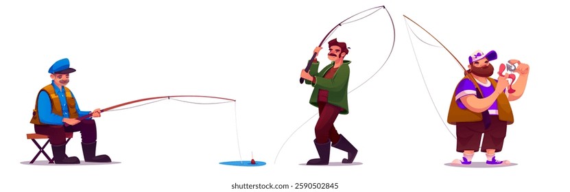 Fisherman cartoon set of different men with fishing rods. Elderly person sitting on stool holding pole with floater in water, mustached sportsman throw spinning, bearded male character baiting hook.