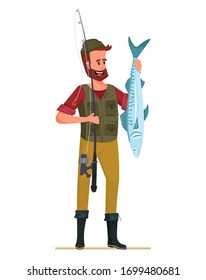 Dibujo vectorial de Fisherman aislado en fondo blanco. Diseño de personajes humanos con barba en una capucha roja, chaleco verde atrapó a un pez grande. Hombre con caña de pesca.