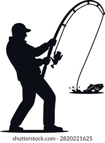 Fisherman casting, fish jumping, catch, isolated.