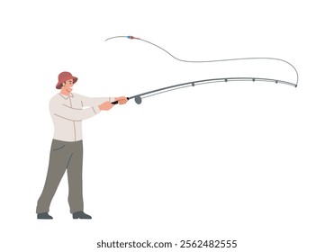 Fisherman casting a fishing rod with a line in motion. Outdoor activity, dynamic scene, fishing hobby, and nature concept. Flat cartoon vector illustration isolated on white background