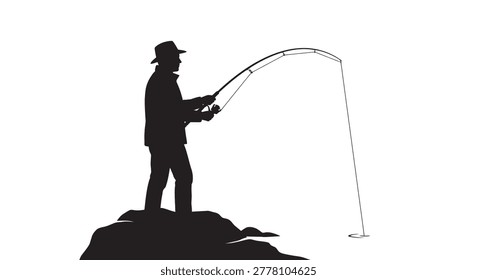 Fisherman casting a line on rocky shore black silhouette