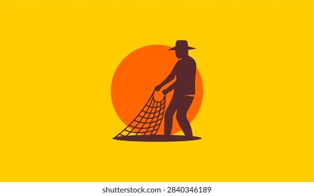 Fisherman casting net silhouette at sunset vector illustration, traditional fishing concept, coastal lifestyle design