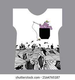 Fisherman cat design suitable for left t-shirt
