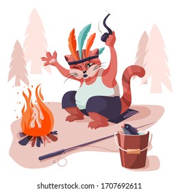 El gato pescador se sienta cerca del fuego y cuenta historias. Ilustración vectorial en fondo blanco.