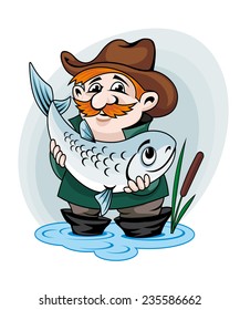 Fisherman catch big fish. Vector illustration in cartoon style