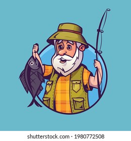 Fisherman with catch. Concept art of fishing in cartoon style.