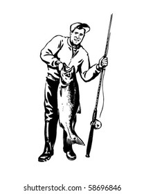 Pescador Con Captura De Día - Retro Clip Art