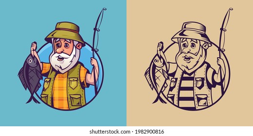 Fisherman with catch in different styles. Concept art of fishing.
