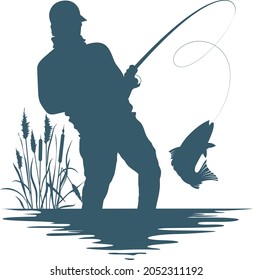 A fisherman with a catch of fish. Fish on a hook. Fisherman in gear with fishing rod silhouette