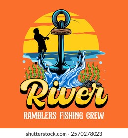 Fisherman catch fish in river Colorful Vector Cartoon Illustration for sticker badge emblem t-shirt banner invitation