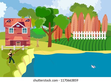 Fisherman catch the fish at the river, countryside, concept vector illustration