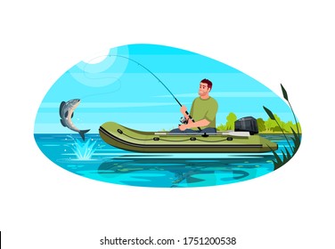 Fisherman catch fish semi flat vector illustration. Man with road sit in ship. Speed engine inflatable sailboat in freshwater. Summer recreation 2D cartoon characters for commercial use