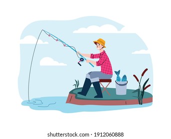 A fisherman catch fish sitting on the shore. Man holds a fishing rod in the water and waits for the bite. Outdoor hobby, activity and leisure for fishers. Vector illustration.