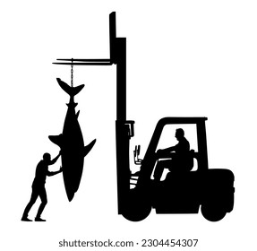 Fisherman catch great white shark vector silhouette illustration isolated. Port workers unload big fish from the ship with forklift. Man see food transportation on market. Dock laborers deliver fish.