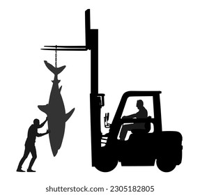 Fisherman catch great white shark vector silhouette illustration isolated. Port workers unload big fish from the ship with forklift. Man see food transportation on market. Dock laborers deliver fish.