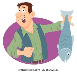 Fisherman with catch. Man with big fish in his hands. Funny people. Illustration concept template for website, web landing page, banner, presentation, social, poster, promotion or print media.