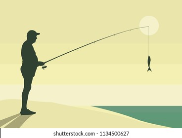 Fisherman with a catch at sunset. an elderly fisherman proudly shows off a caught fish
