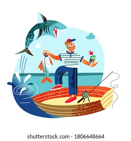 Fisherman with catch take selfie and suddenly jumping shark gets into photo. Man takes pictures, get funny shot. Vector character illustration of spoiled photo concept, amateur photography hobby