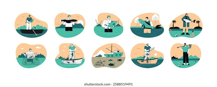 Fisherman catches big fish in sea and pond area, outline style, green and orange, fishing vector illustration.