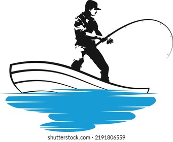 The fisherman catches a fish. Fisherman in a boat on the waves