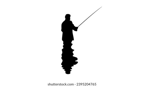 fisherman catches fish with a fishing rod, black isolated silhouette