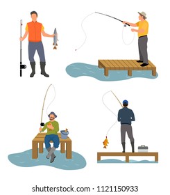 Fisherman catches fish with help of rod set. People active hobbies and lifestyle of men sitting on wooden dock pier, isolated on vector illustration